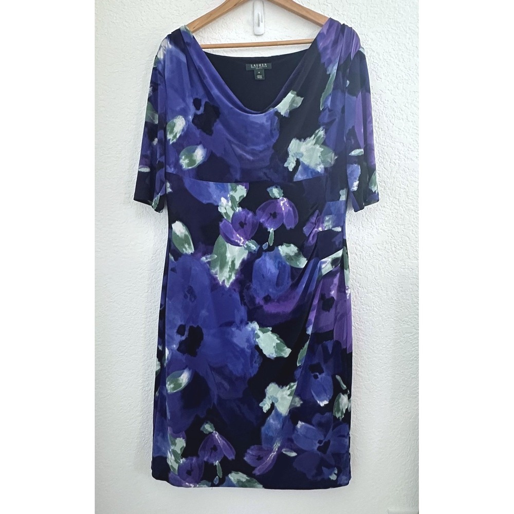 Lauren Ralph Lauren‎ Purple Floral Ruched Whimsy Fairygoth Cowl Neck Dress Sz 16